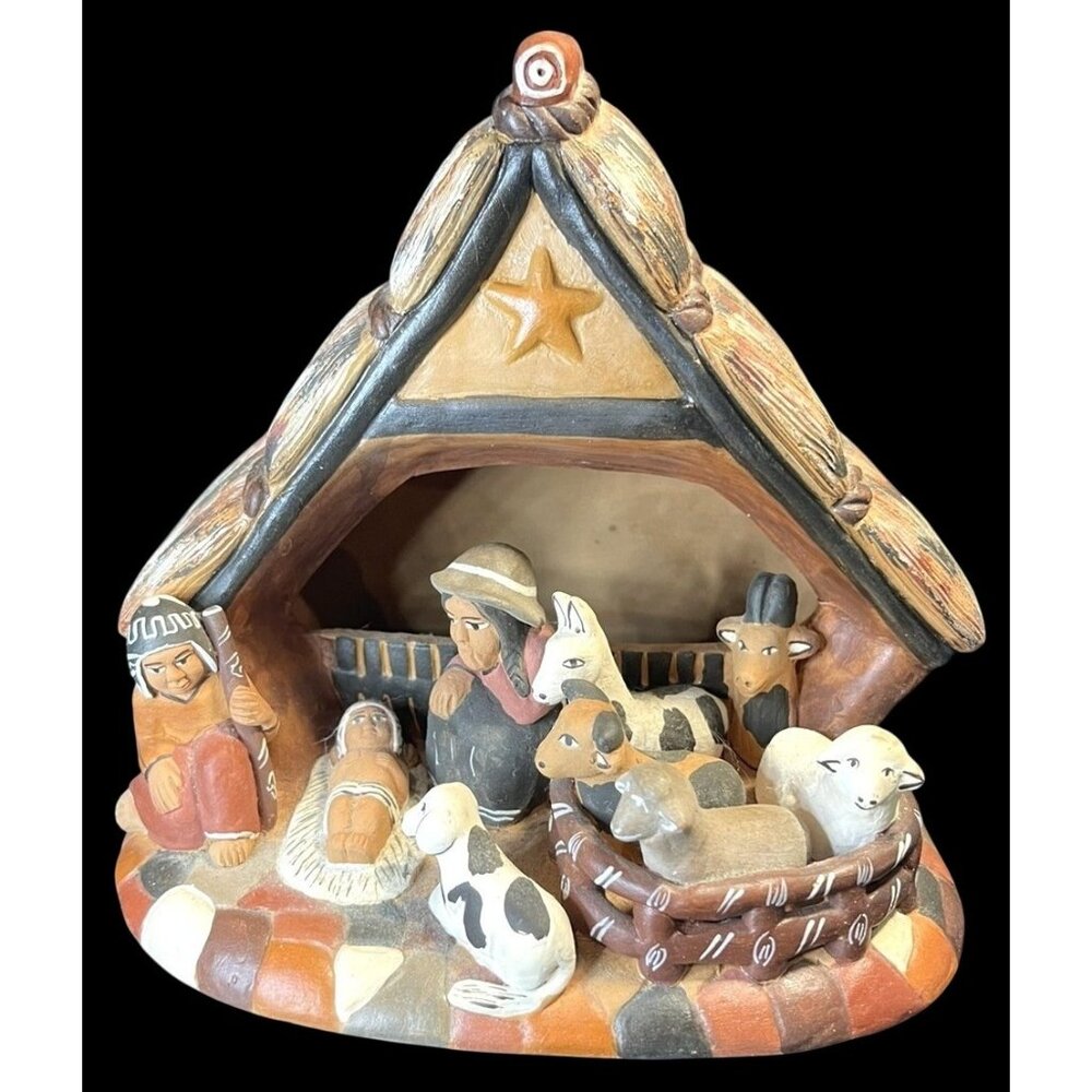 Handcrafted Clay Nativity Scene with Rustic Hut & Animals Hand-Painted Details A